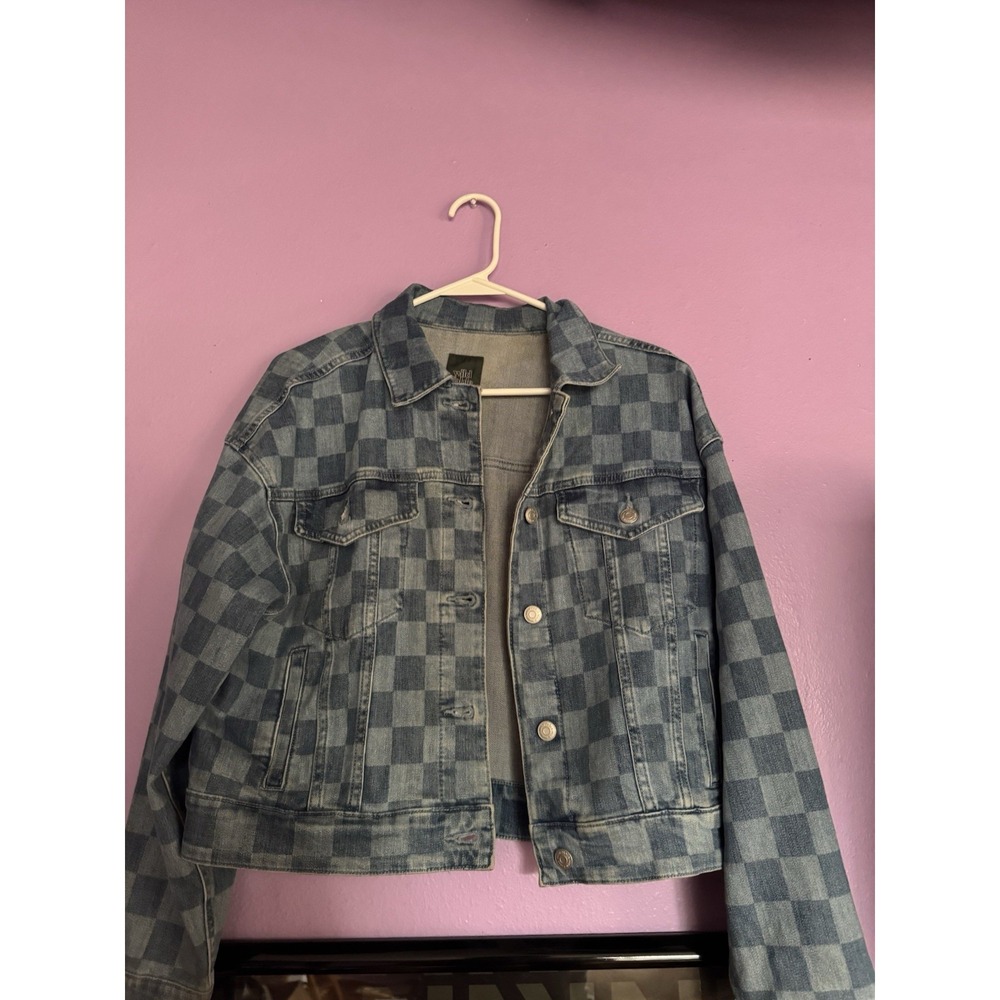 Wild Fable Jean Jacket Checkered Print Women's Size Small Button Up Denim Jacket